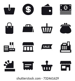16 vector icon set : basket, dollar, wallet, money, shopping bag, purse, store, market, sale, cashbox, atm receipt, shop