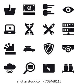 16 vector icon set : basket, money, diagram, eye, notebook, dna, pencil wrench, server, cashbox, car baggage, shield, surveillance camera