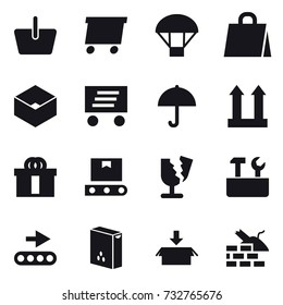 16 vector icon set : basket, delivery, parachute, shopping bag, box, repair tools, package, construct garbage