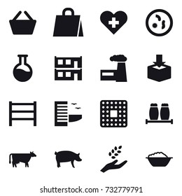 16 vector icon set : basket, shopping bag, modular house, factory, hotel, cow, pig, harvest, foam basin