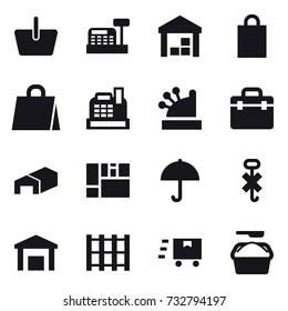 16 vector icon set : basket, cashbox, warehouse, shopping bag, washing powder