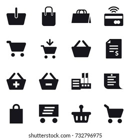 16 vector icon set : basket, shopping bag, tap to pay, cart, add to cart, account balance, add to basket, remove from basket, store, shopping list, delivery