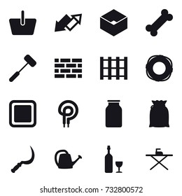 16 vector icon set : basket, up down arrow, box, brick wall, lifebuoy, cutting board, sickle, watering can, wine, iron board