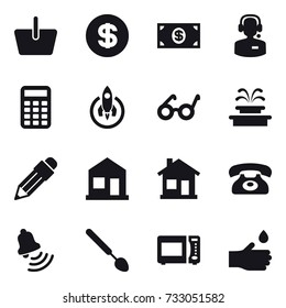 16 vector icon set : basket, dollar, money, call center, calculator, rocket, fountain, pencil, home, phone, bell, big spoon, hand drop