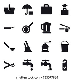 16 vector icon set : basket, suitcase iocn, baggage, pan, kettle, garlic clasp, ladle, knife holder, hand mill, bucket, pruner, water tap, please clean