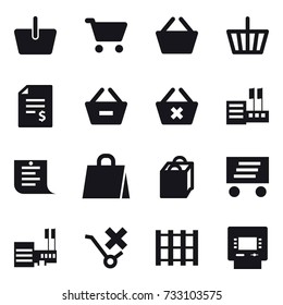 16 vector icon set : basket, cart, account balance, remove from basket, delete cart, store, shopping list, shopping bag, delivery, mall, atm