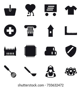16 vector icon set : basket, cardio chip, delivery, t-shirt, column, tower, ruler, gothic architecture, whisk, ladle, cleaner, outsource