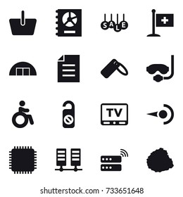 16 vector icon set : basket, annual report, sale, hangare, diving mask, invalid, do not distrub, tv, pile of garbage