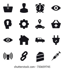 16 vector icon set : basket, man, alarm clock, eye, bulb head, gear, car pointer, add to basket, home, syringe