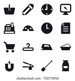 16 vector icon set : basket, pencil, clock, monitor arrow, cashbox, dome house, cart, hanger, iron, washing, garlic clasp, shovel, flour