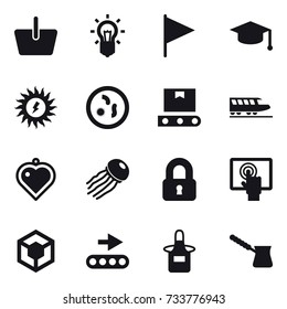 16 vector icon set : basket, bulb, flag, graduate hat, sun power, train, heart pendant, jellyfish, locked, apron, turk