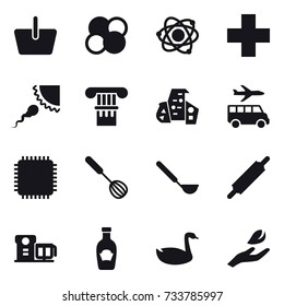 16 vector icon set : basket, atom core, atom, column, modern architecture, transfer, whisk, ladle, rolling pin, goose, hand leaf