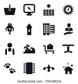 16 vector icon set : basket, monitor arrow, sun power, jet robot, tower, houses, surfer, baggage trolley, table, pets, hard reach place cleaning, house cleaning