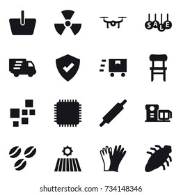 16 vector icon set : basket, nuclear, drone, sale, delivery, chair, rolling pin, coffee seeds, field, gloves, bug