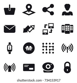 16 vector icon set : basket, pointer, share, woman, mail, up down arrow, notebook connect, server, smartwatch, crypto currency, chip, wireless