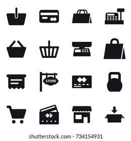 16 vector icon set : basket, card, shopping bag, cashbox, market scales, atm receipt, store signboard, credit card, shop, package