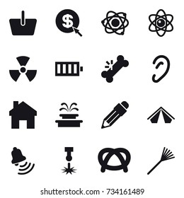 16 vector icon set : basket, dollar arrow, atom, nuclear, battery, home, fountain, pencil, tent, bell, rake