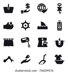 16 vector icon set : basket, investment, handwheel, shark flipper, remote control, curtain, mixer, coffee maker, hand leaf, scoop, handle washing