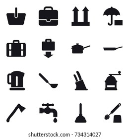 16 vector icon set : basket, portfolio, suitcase, baggage get, saute pan, pan, kettle, ladle, knife holder, hand mill, axe, water tap, plunger, toilet brush