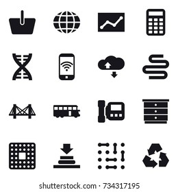 16 vector icon set : basket, globe, statistic, calculator, dna, phone wireless, cloude service, bridge, bus, intercome, chest of drawers, recycling