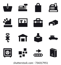 16 vector icon set : basket, cashbox, shopping bag, tools, warehouse, car baggage, safe