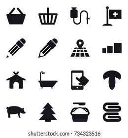 16 vector icon set : basket, pencil, bungalow, bath, pig, spruce, washing powder, stack of towels