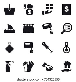 16 vector icon set : basket, money gift, gift, shark flipper, curtain, mixer, rag, sprayer, gloves, wiping, housing