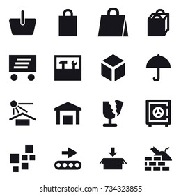 16 vector icon set : basket, shopping bag, delivery, tools, 3d, safe, package, construct garbage