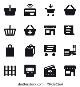 16 vector icon set : basket, tap to pay, add to cart, add to basket, shop, shopping list, shopping bag, delivery, mall, atm, credit card