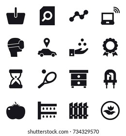 16 vector icon set : basket, search document, graph, notebook wireless, virtual mask, car pointer, chamical industry, medal, tennis, nightstand, watering, fence, ecology