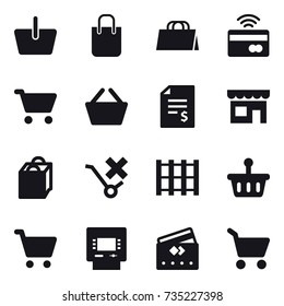 16 vector icon set : basket, shopping bag, tap to pay, cart, account balance, shop, atm, credit card