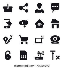 16 vector icon set : basket, share, woman, message, touch, cloude service, wireless home, home, cart