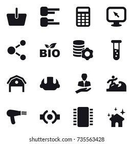 16 vector icon set : basket, diagram, calculator, monitor arrow, molecule, bio, virtual mining, vial, barn, building helmet, surfer, hair dryer, house cleaning