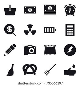 16 vector icon set : basket, money, alarm clock, dollar arrow, nuclear, battery, calculator, pencil, camera, curtain, electricity, broom, fork, hand drop