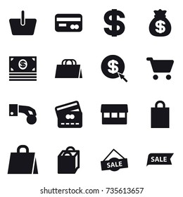 16 vector icon set : basket, card, dollar, money bag, money, shopping bag, dollar arrow, cart, hand coin, credit card, market, sale