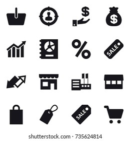 16 vector icon set : basket, target audience, investment, money bag, diagram, annual report, percent, sale, up down arrow, shop, store, market, shopping bag, label, sale label