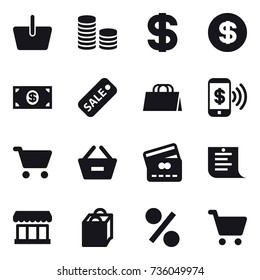 16 vector icon set : basket, coin stack, dollar, money, sale, shopping bag, phone pay, cart, remove from basket, credit card, shopping list, market, percent