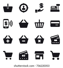 16 vector icon set : basket, target audience, investment, cashbox, phone pay, credit card, add to basket, remove from basket, delete cart, shop, cart