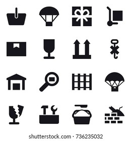 16 vector icon set : basket, parachute, gift, cargo stoller, repair tools, washing powder, construct garbage