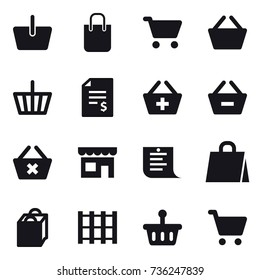 16 vector icon set : basket, shopping bag, cart, account balance, add to basket, remove from basket, delete cart, shop, shopping list