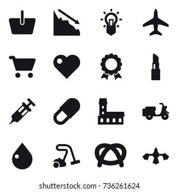 16 vector icon set : basket, crisis, bulb, plane, cart, heart, medal, lipstick, mansion, drop, vacuum cleaner, hard reach place cleaning