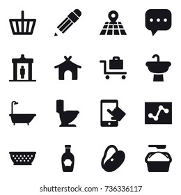 16 vector icon set : basket, pencil, detector, bungalow, baggage trolley, bath, toilet, kolander, washing powder