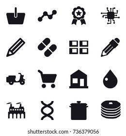 16 vector icon set : basket, graph, medal, chip, pencil, panel house, cart, home, drop, pan