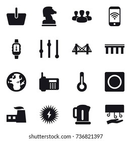 16 vector icon set : basket, chess horse, group, phone wireless, smartwatch, equalizer, bridge, thermometer, ring button, kettle, hand dryer