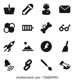 16 vector icon set : basket, pencil, call center, mail, atom core, battery, landscape, electricity, broom, bell, big spoon, wiping