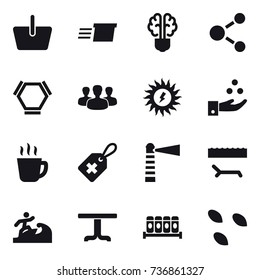 16 vector icon set : basket, delivery, bulb brain, molecule, hex molecule, group, sun power, chamical industry, hot drink, lighthouse, lounger, surfer, table, seeds