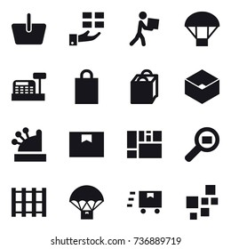 16 vector icon set : basket, gift, courier, parachute, cashbox, shopping bag, box