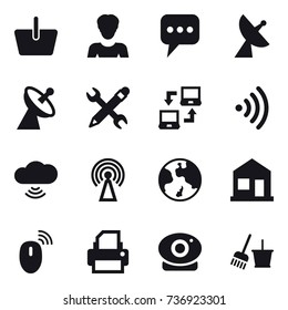 16 vector icon set : basket, woman, message, satellite antenna, pencil wrench, notebook connect, wireless, cloud wireless, antenna, earth, home, bucket and broom