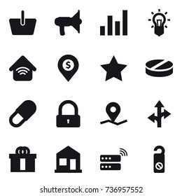 16 vector icon set : basket, loudspeaker, graph, bulb, wireless home, dollar pin, star, lock, home, do not distrub 16 vector icon set : basket, loudspeaker, graph, bulb, wireless home, dollar pin, star, lock, home, do not distrub