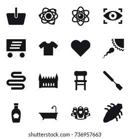 16 vector icon set : basket, atom, eye identity, delivery, t-shirt, gothic architecture, chair, spatula, bath, outsource, bug